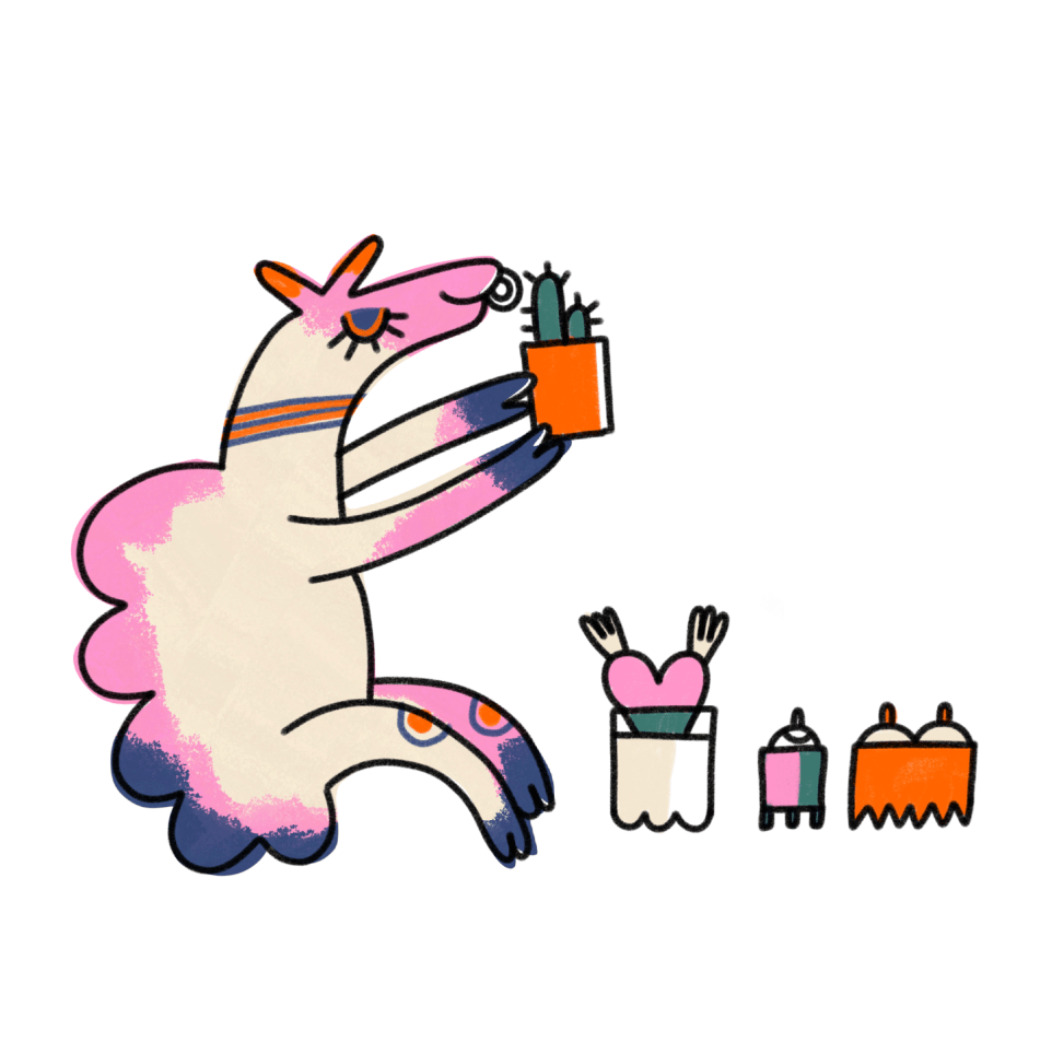 Gardening camel character, part of Abraso’s illustrated brand identity created by Fru Pinter.