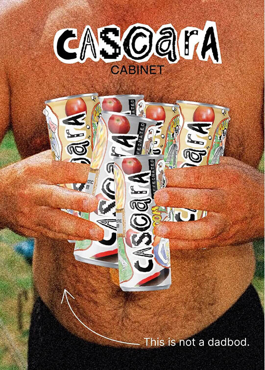 Branding and packaging design by Fru Pinter shown in a lifestyle photoshoot with a man holding Cascara Cabinet cans.