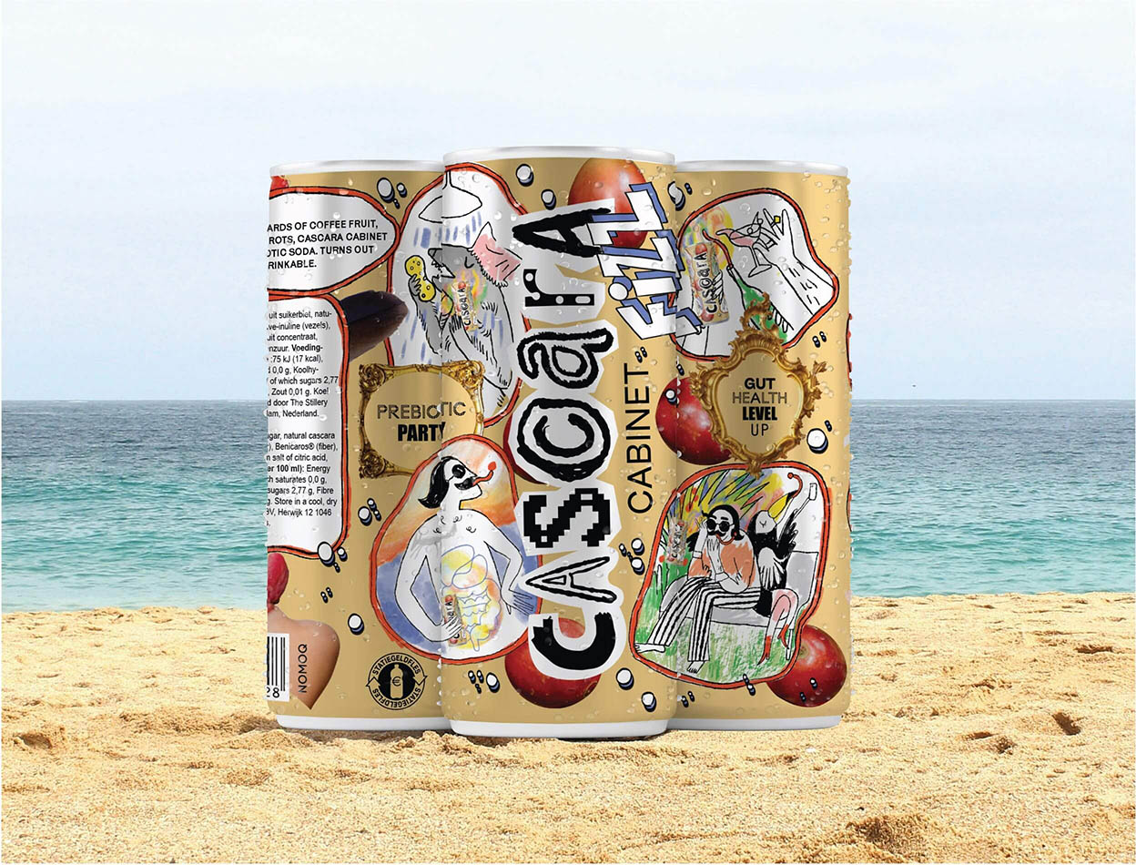 Cascara Cabinet beverage packaging designed by Fru Pinter displayed on a sunny beach.