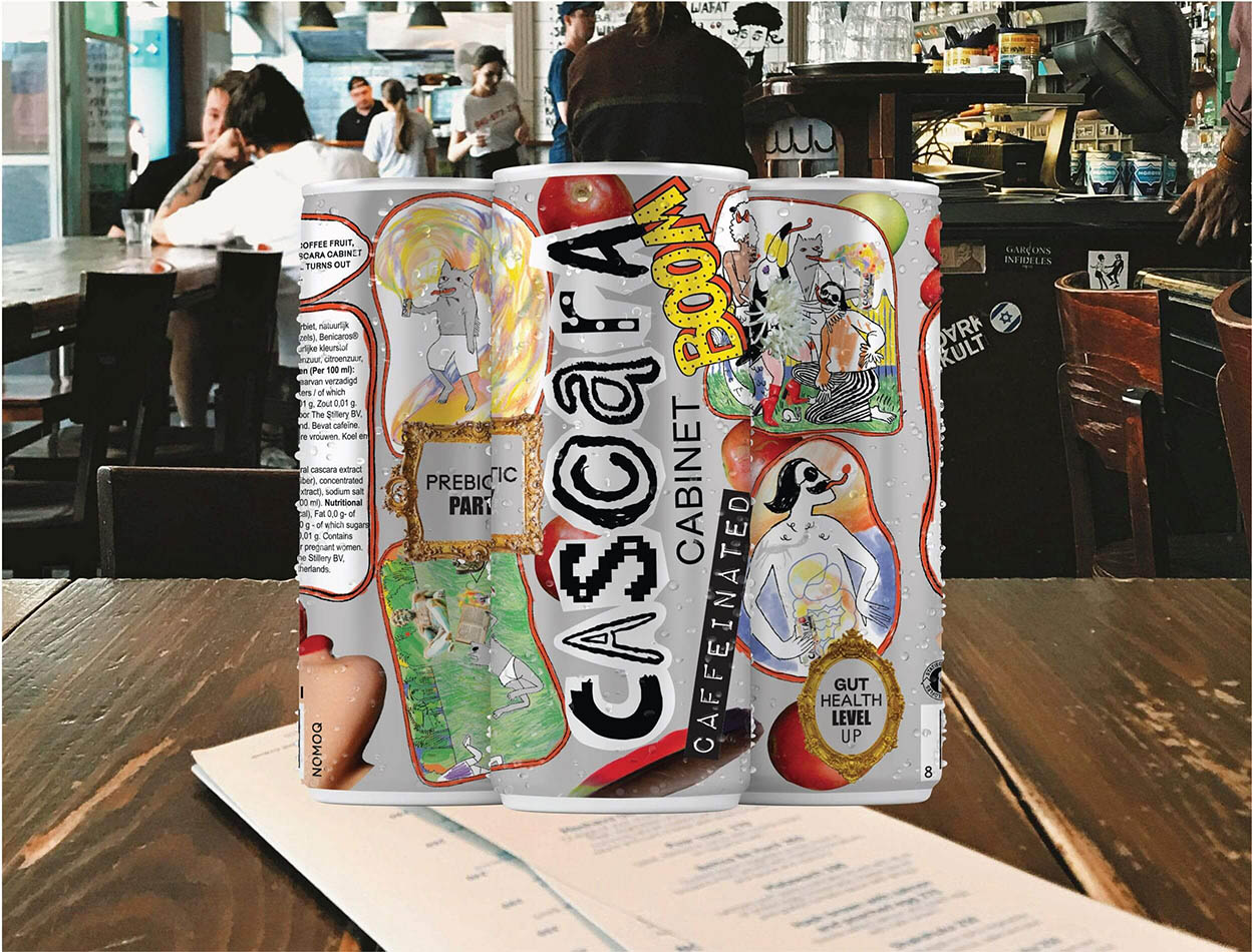 Beverage branding by Fru Pinter shown in a café environment with Cascara Cabinet cans.