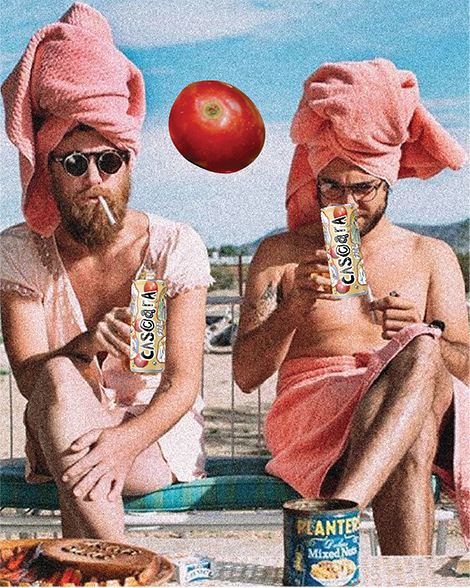 Lifestyle photoshoot featuring two men in pink towels holding beverage cans designed by Fru Pinter for Cascara Cabinet.