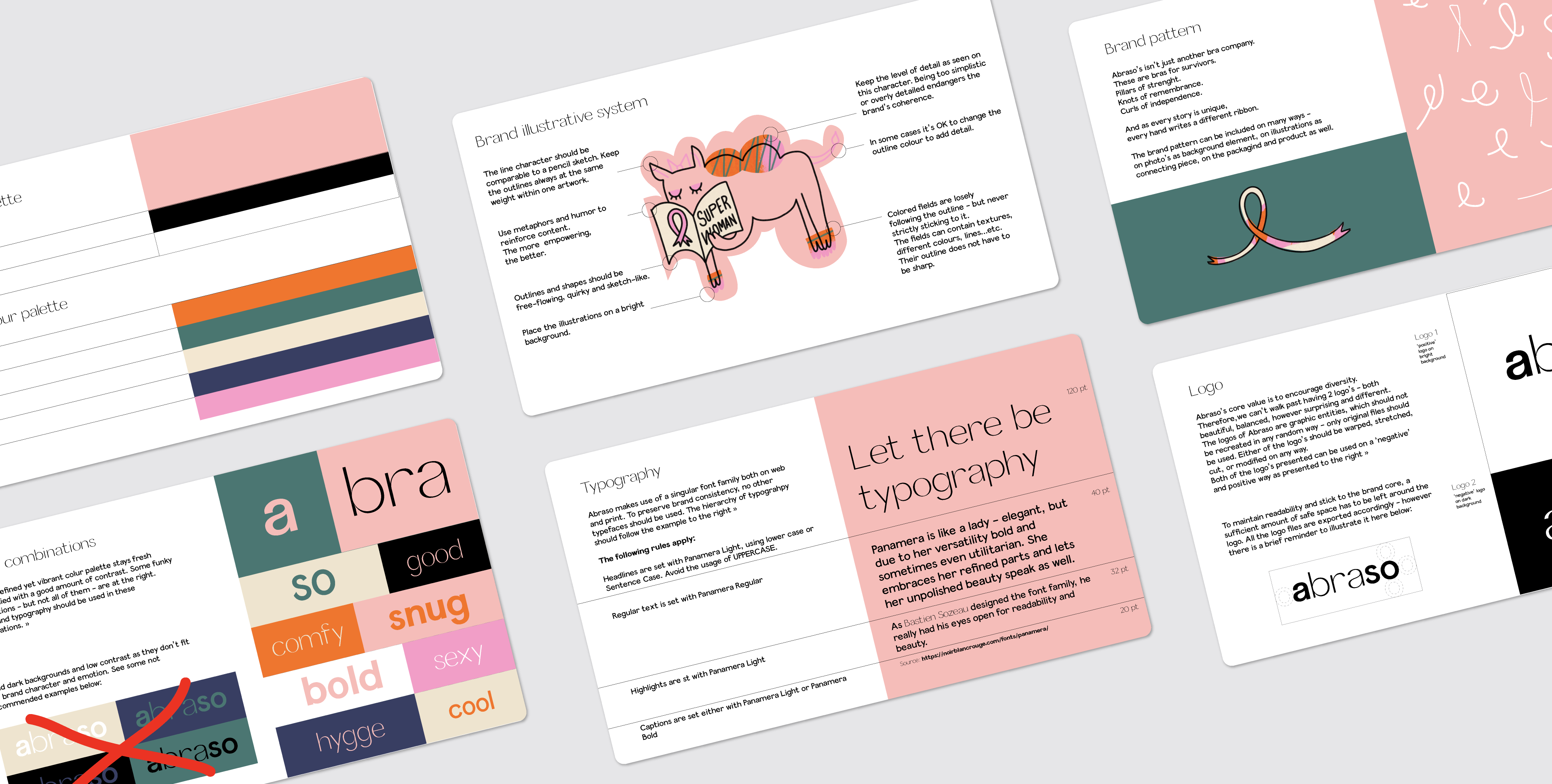 Brand book pages designed by The Aha Moment, showing Abraso’s visual identity system and brand foundations.