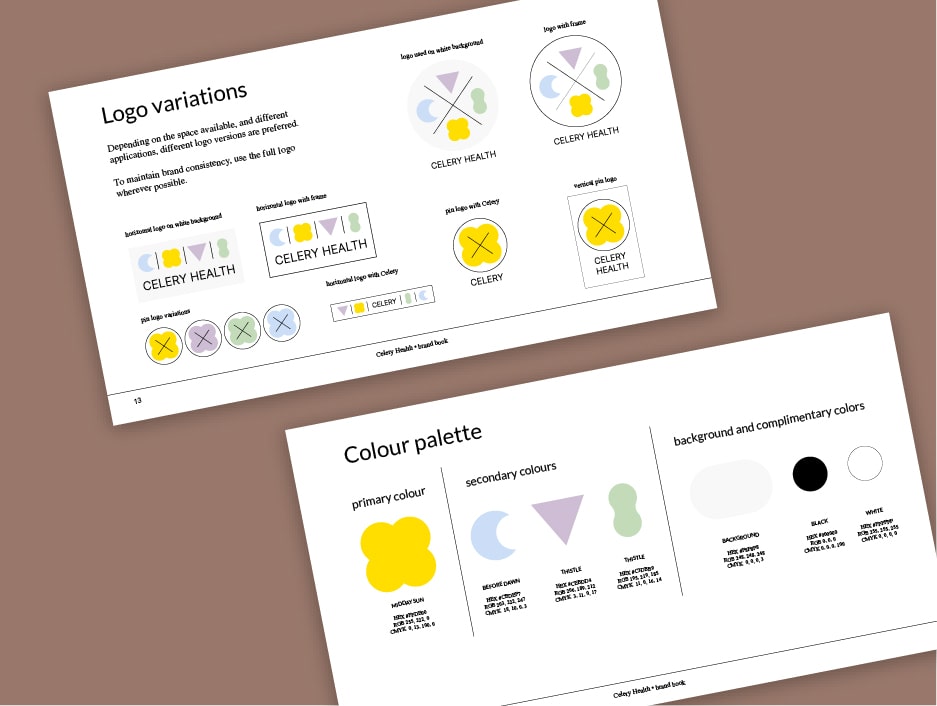 Brand book pages for Celery Health mocked up on paper, designed by The Aha Moment studio.