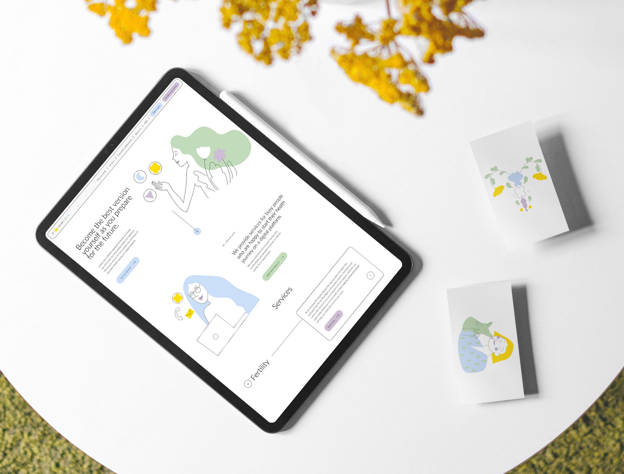 Tablet mockup of Celery Health’s website with illustrated brand cards, designed by The Aha Moment.