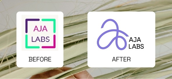 AJA Labs logo redesign before and after showing biomimetic fiber brand identity development for plant-based hair extension material innovation