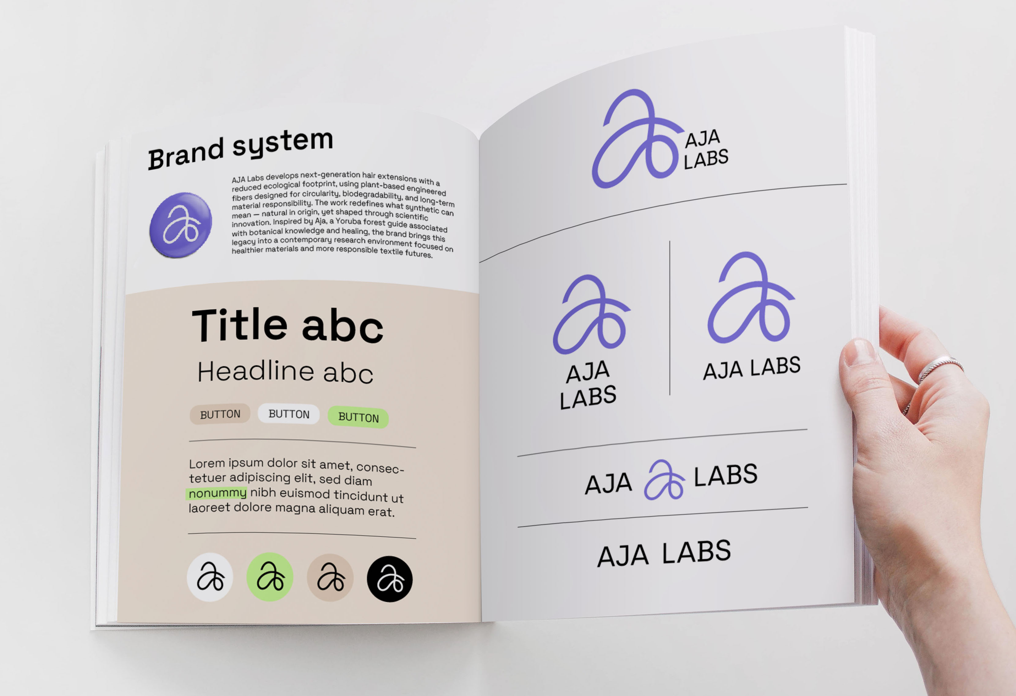 AJA Labs brand identity guidelines showing logo system, typography, and brand architecture for biomimetic fiber innovation